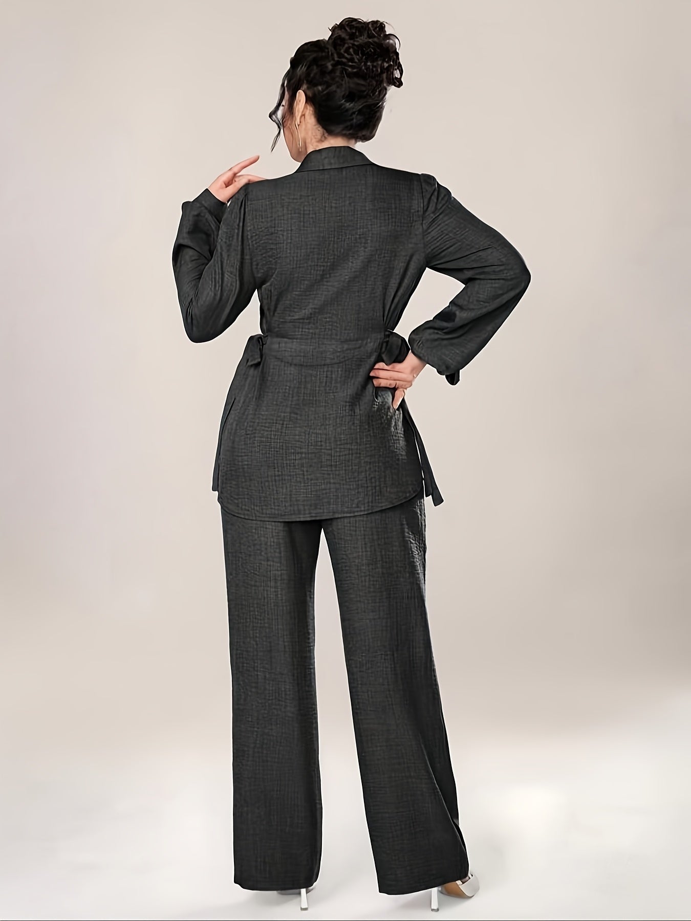 Women's Two-Piece Set with Front Buckle Long Sleeve Casual Top and Trousers