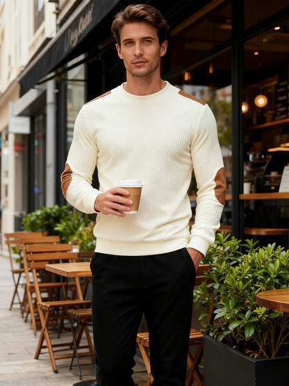 Men'S Classic Fashion Crew Neck Long-Sleeved Top | Light and Comfortable Fabric with Contrast Beige Patches for Enhanced Durability, Regular Fit, Ideal for Daily Leisure, Street Fashion, Outdoor Activities, and Light Fitness