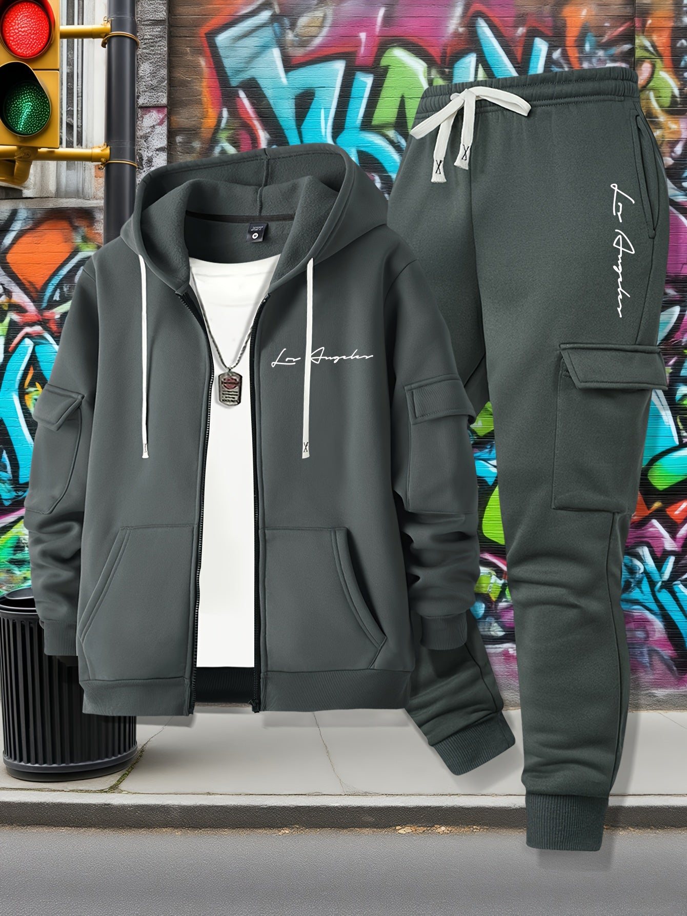 Men's Casual Zip Hoodie and Loose Cargo Pants Set - Breathable Polyest