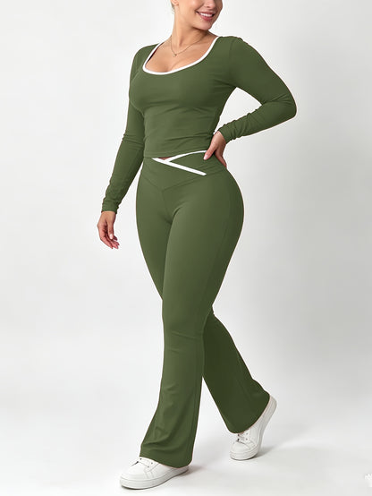 Slim Fit Cross Waist Color Block Crop Pants Set for Fall/Winter - ayq