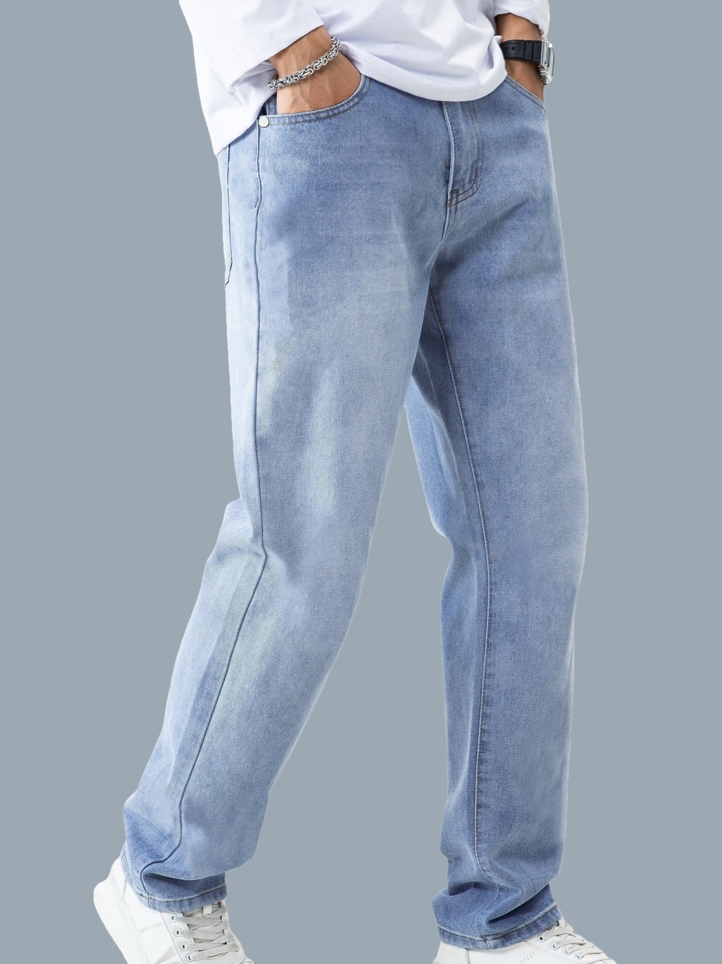 Men's Solid Denim Pants With Pockets, Stylish Cotton Blend Jeans For Outdoor Activities