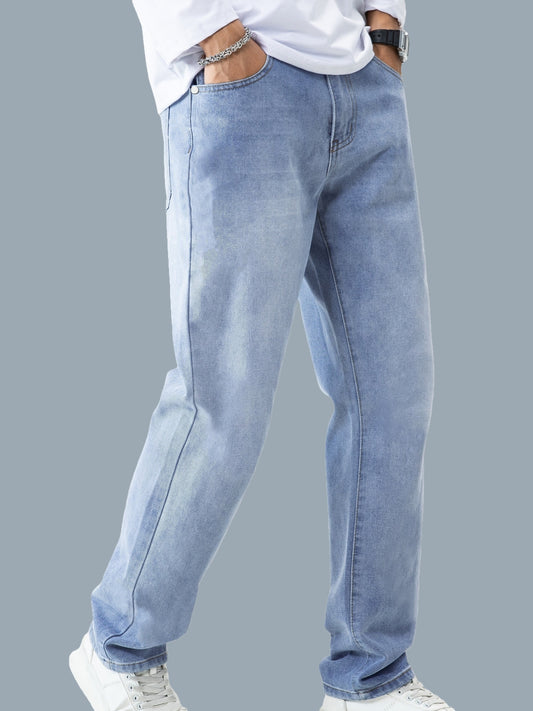 Men's Solid Denim Pants With Pockets, Stylish Cotton Blend Jeans For Outdoor Activities
