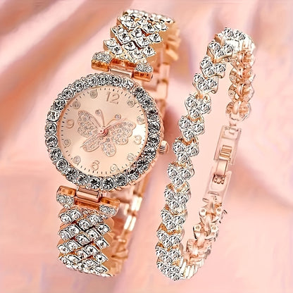 2pcs Elegant Butterfly Quartz Watch & Ladies Jewelry Set - Perfect Gift, Eternal Style and Exquisite Design, Zinc Alloy Strap and Zinc Alloy Case, Quartz Movement, Accurate, Durable, Fashionable Women's Gift, Especially Suita