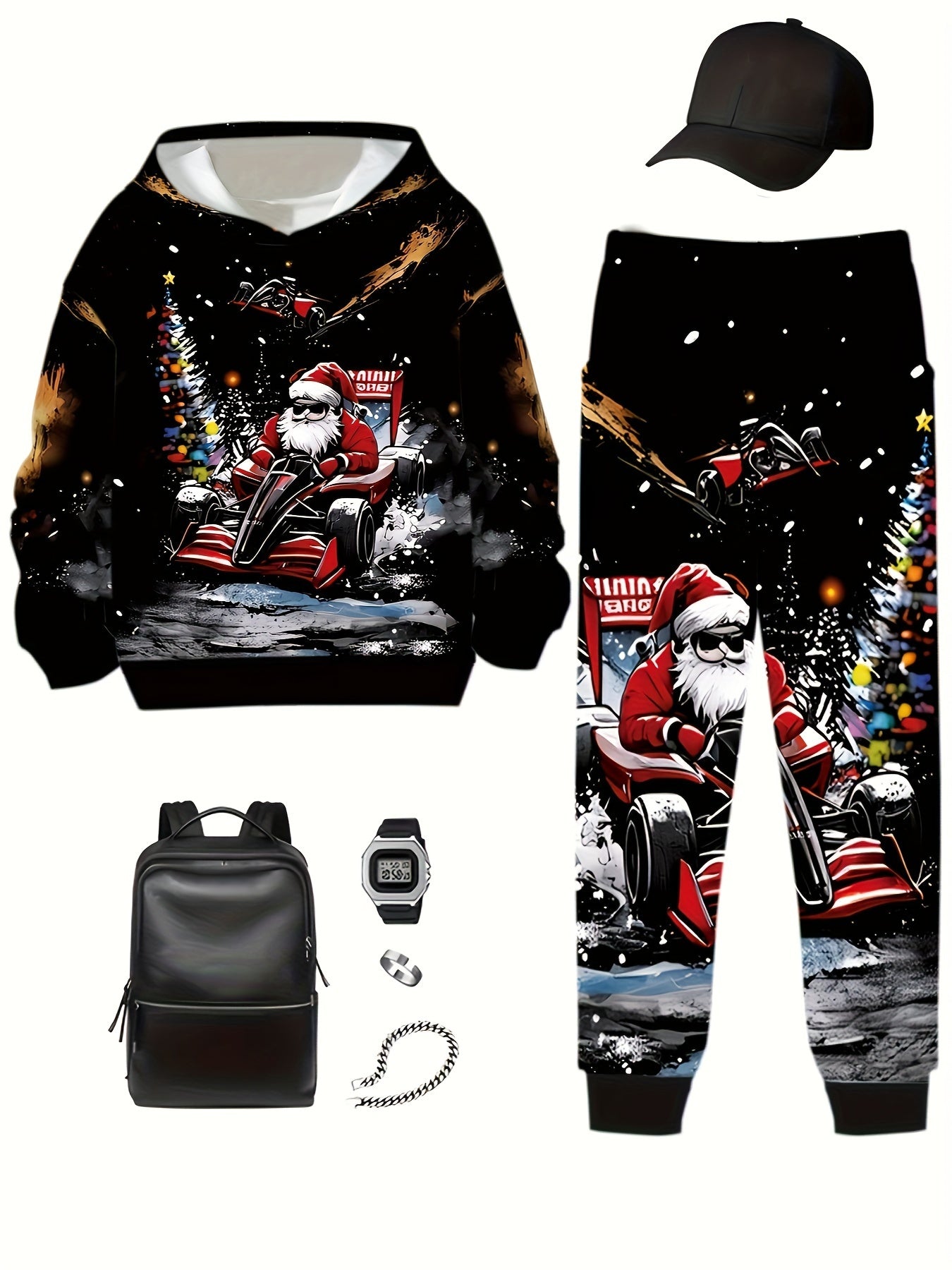 Boys' Creative 3D Digital Print Youngsters' Set, Loose Fit Casual Cap, Sweatshirt, and Pants for Middle to Large Sizes, Perfect for Spring/Fall, with Pockets and Geometric Patterns, Casual Wear|Playful Design|Pocketed Pants,