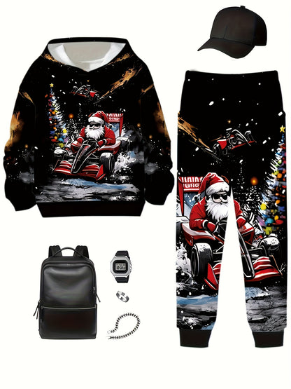 Boys' Creative 3D Digital Print Youngsters' Set, Loose Fit Casual Cap, Sweatshirt, and Pants for Middle to Large Sizes, Perfect for Spring/Fall, with Pockets and Geometric Patterns, Casual Wear|Playful Design|Pocketed Pants,