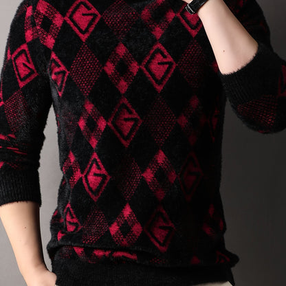 Maqiqi OBM Men's New Autumn/Winter Knit Pullover, Plaid Pattern Men's Sweater with Letter Decoration, Faux Mink Fur Round Neck Long Sleeve Men's Top, Soft and Comfortable Fabric, Suitable for Casual Outings, Men's Gift