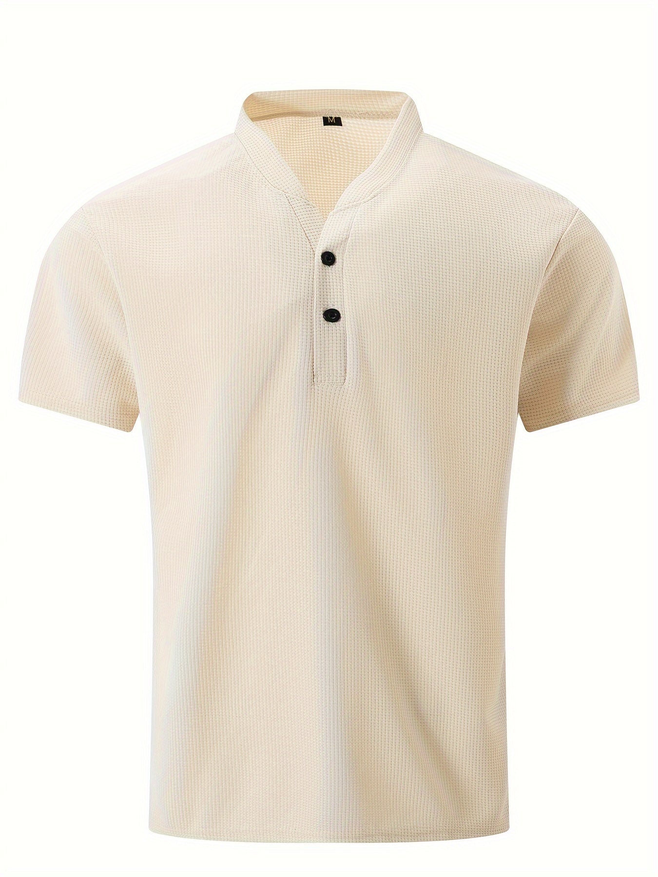 Men's Solid Waffle Stand Collar Short Sleeve Golf Shirts, Casual Style Slight Stretch Regular Fit Summer Tops, Summer Golf Shirts