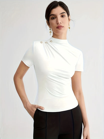 Elegant White Short Sleeve Turtleneck Top with Button Detail - Versatile Summer Blouse for Women, Casual Attire|Minimalist Style|Sleek Fit