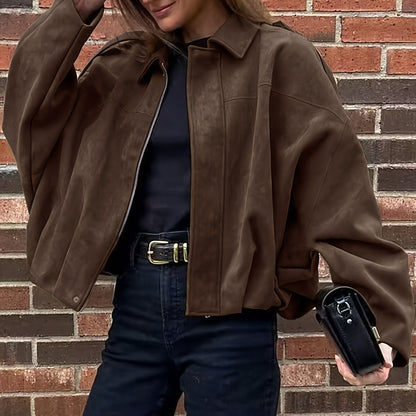 Կանացի վինտաժային բոմբեր բաճկոն - ազատ չափի երկար թևքով, կայծակաճարմանդով և իջեցված ուսերով, շագանակագույն առօրյա վերնազգեստ աշուն/ձմեռ համար, չձգվող գործվածք, իդեալական է առօրյա հագուստի համար, աշուն-ձմեռ բաճկոն | Վինտաժային բոմբեր ոճ | Zipp