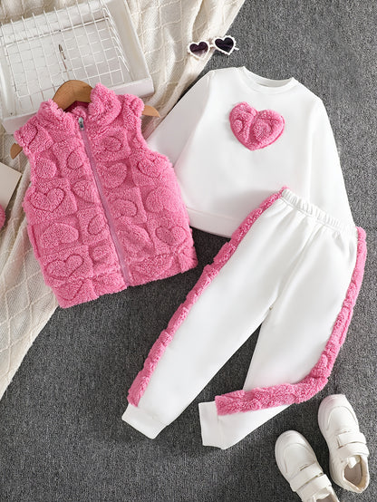 Girls 3-Piece Heart Pattern Fall/Winter Casual Set - ayq