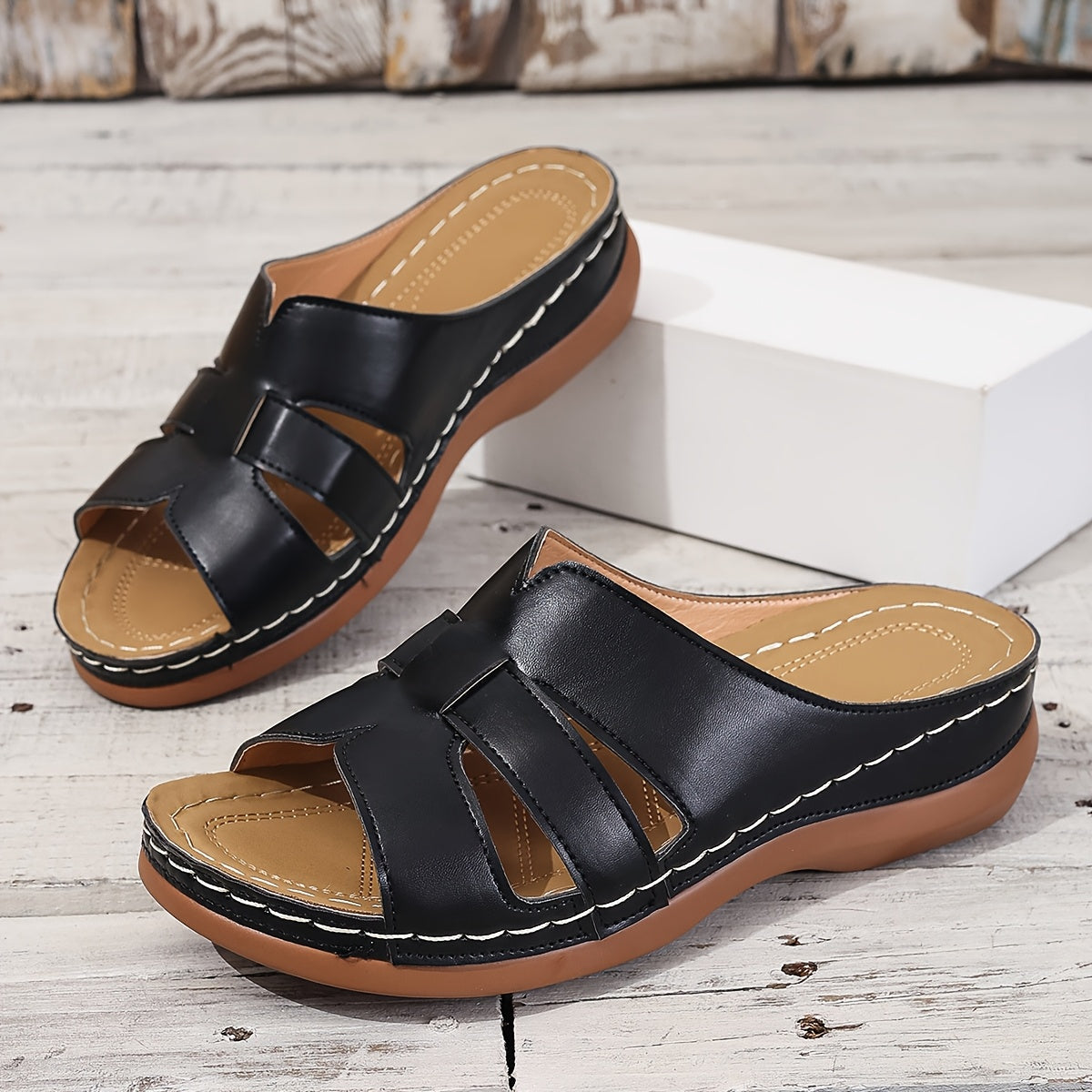 Women's Comfort Slide Sandals - Open Toe, Mid-Heel, Faux Cover with TPU Sole for Indoor/Outdoor Wear