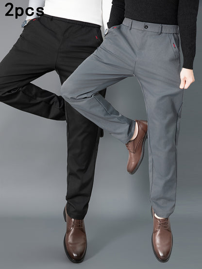 2pcs Men's Light Business Casual Pants - Straight Leg Dress Trousers, Lightweight & Comfortable for Office and Casual Attire, All Seasons, Navy Blue & Black, Polyester Fabric, Machine Washable, Versatile Dress Trousers | Styl