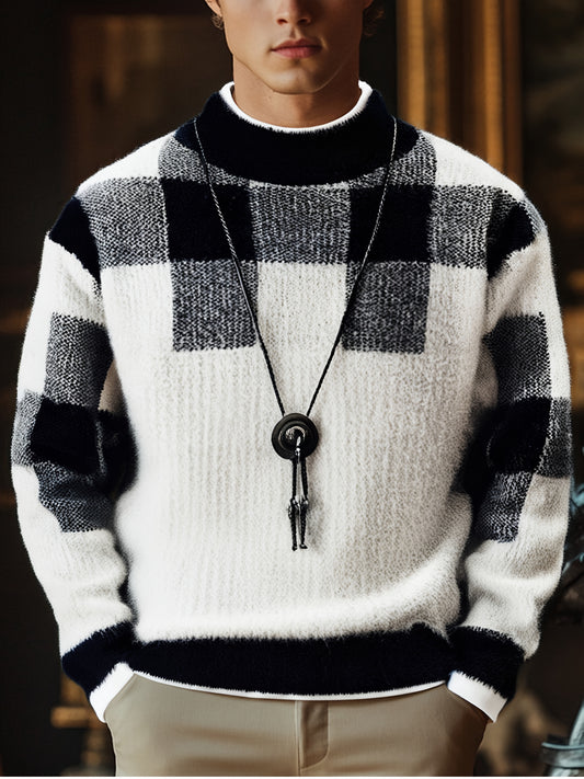 Տղամարդու կլոր վզնոցով սվիտեր, աշնանային և ձմեռային նոր ոճեր, նորաձև և բազմակողմանի, դիմացկուն, հաստ և տաք, երկար թևքերով, վանդակավոր նախշերով, մաշկին հարմար, հարմարավետ, փափուկ, երիտասարդական և նորաձև, նեղ չափսերով, նորաձև, գործնական