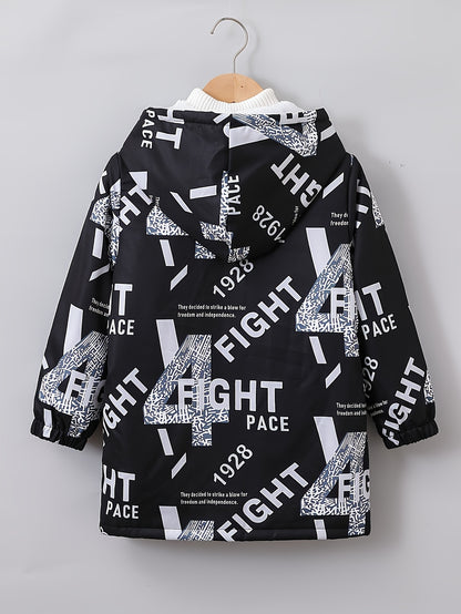 Boys' Cozy Jacket with Letter Print - Casual & Warm Windproof Outerwear for Fall/Winter