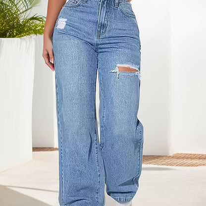 Բարձր առաձգականությամբ Hip Lifted Wide Leg Hole Jeans