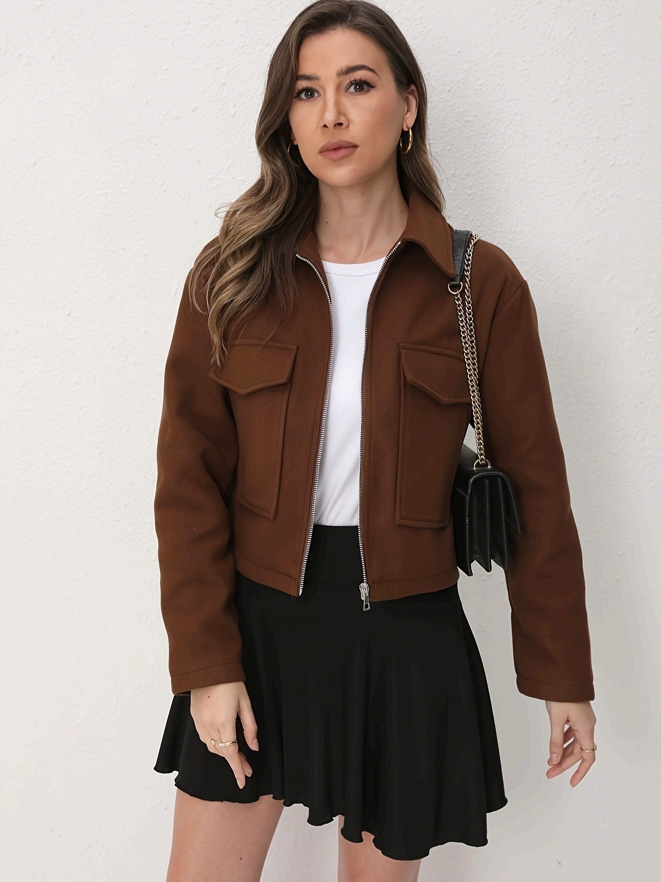 Women's Solid Full-Zip Winter Jacket with Structured Collar