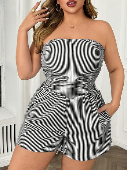 Plus Size Summer Striped Strapless Crop Top & Shorts Set