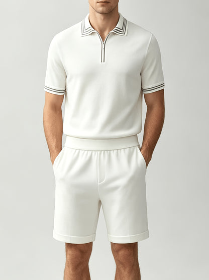 Men's Casual Striped Knit Polo & Lightweight Shorts Set