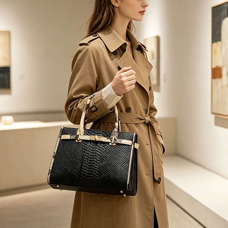 Women's Genuine Leather Snake Print Crossbody Bag - Elegant Tote