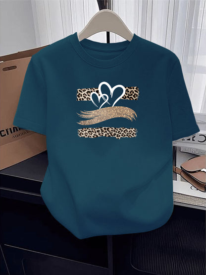 Women's Cotton Short Sleeve T-Shirt with Heart Leopard Print