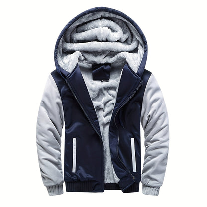 Color Block Sherpa Lined Men's Hooded Jacket, Casual Long Sleeve Hoodies With Zipper, Gym Sports Hooded Coat For Winter Fall