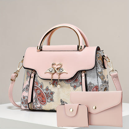 Կանացի պայուսակների հավաքածու՝ երեք հատից բաղկացած. տպագիր ուսի պայուսակներ, ոճային ձեռքի պայուսակներ և բազմակողմանի ուսապարկեր՝ մարմնին կպցնելու համար