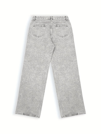 Women'S Casual Mid-Waist Wide Leg Jeans, 76% 13% Viscose 11% Polyester, Non-Stretch Denim, Solid Color, Washed Finish, Long Length, Zipper Fly, All Seasons, Woven Fabric, 390g/m² - Trendy Retro Loose Fit
