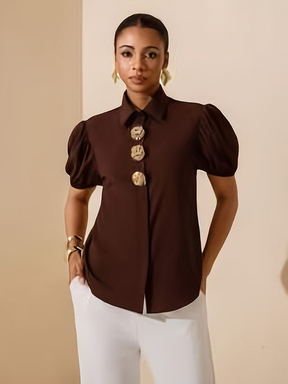 Women's Elegant Solid Color Puff Sleeve Shirt with Metal Buttons
