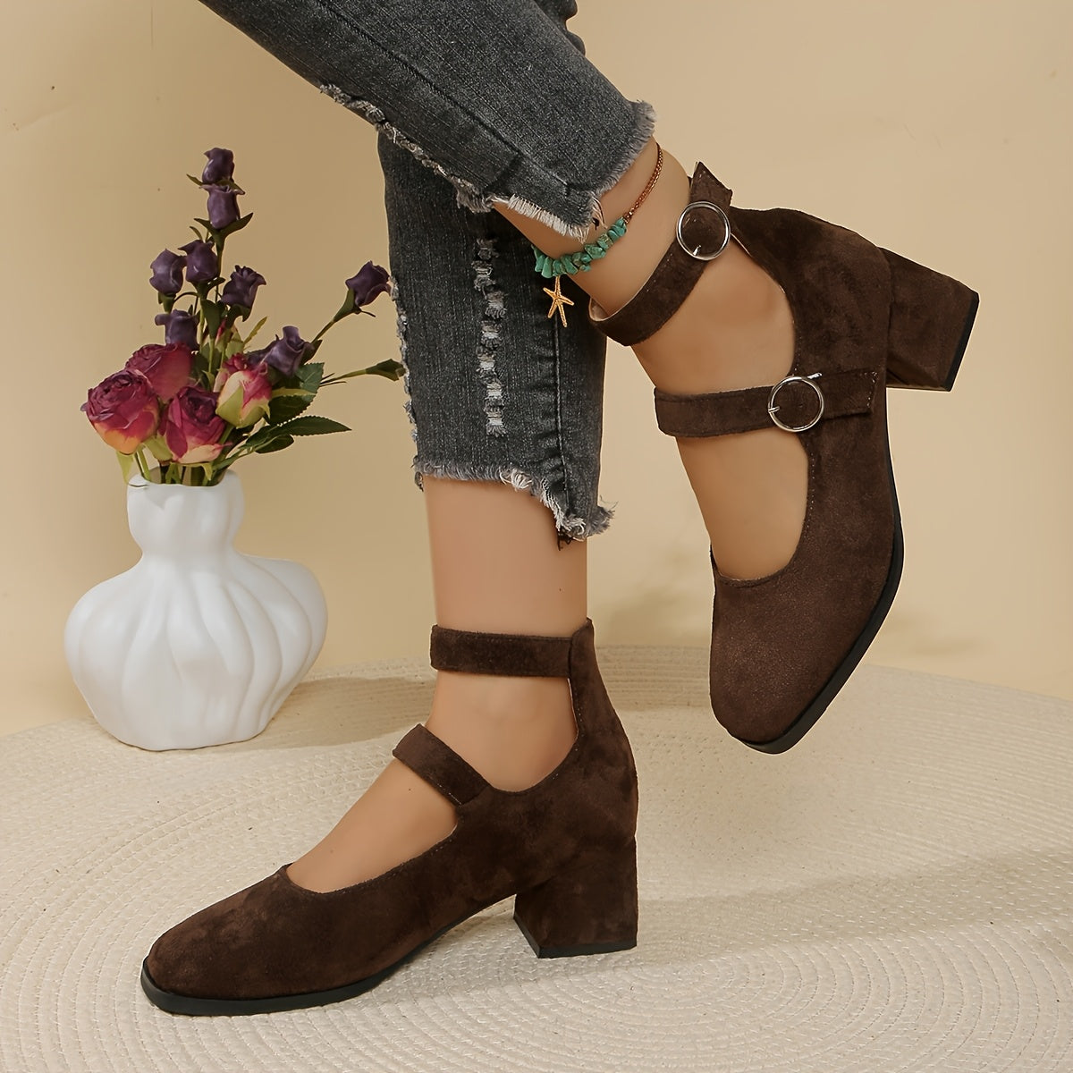Women’s Casual Mary-Jane Shoes with Double Buckle & Block Heel