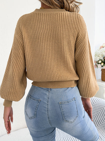 Women's Fall/Winter Crew Neck Diamond Knit Sweater with Lantern Sleeve