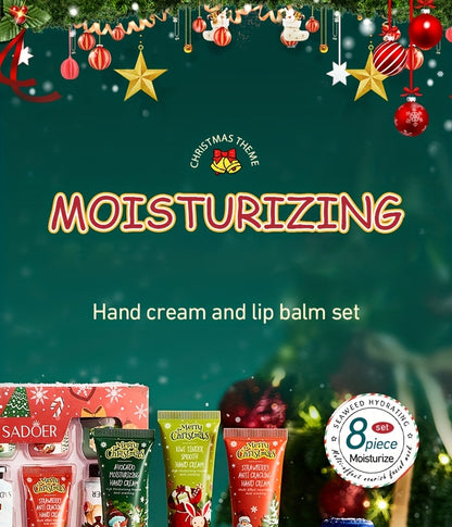 8pcs SADOER Christmas Hand Cream & Lip Balm Gift Set - Moisturizing, Softening, Brightening, and Dry Light Care with Glycerin, Hyaluronic Acid, and Plant-Based Squalane - Ideal for All Light Types, Festive Holiday Packaging,