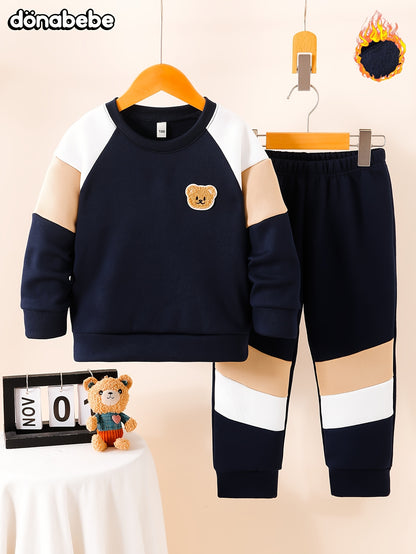 Աշնանային և ձմեռային կլոր վզնոցով սվիտեր՝ երկար թևքերով, եռագույն պատչվորք «Cute Bear» պիտակով, առօրյա, հարմարավետ, պարզ, նորաձև, բազմակողմանի, առօրյա տաբատների 2 հատանոց հավաքածու, իդեալական է բացօթյա օգտագործման համար