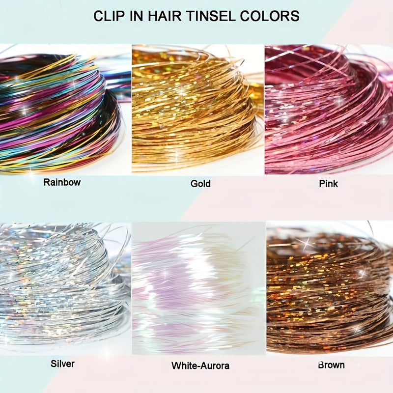 60.96cm Glitter Hair Tinsel Extensions Clips - Heat-Resistant Shiny Fairy Hair Accessories for Women, Vibrant Multicolor Strands, Perfect for Christmas Gifts & All Ages, Festive Hairpiece, Festive Hairpiece | Vibrant Hairpiec