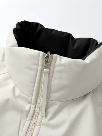 Տղամարդու երկկողմանի ձմեռային բաճկոն՝ հաստացված, կանգուն օձիքով, կայծակաճարմանդով և «MADEASURABLE» և «I CONUT» գրությամբ, սև և սպիտակ, սովորական չափսի՝ աշնանային և ձմռան համար, աշնանային վերնազգեստ, համարձակ գրություն, դիմացկուն գործվածք