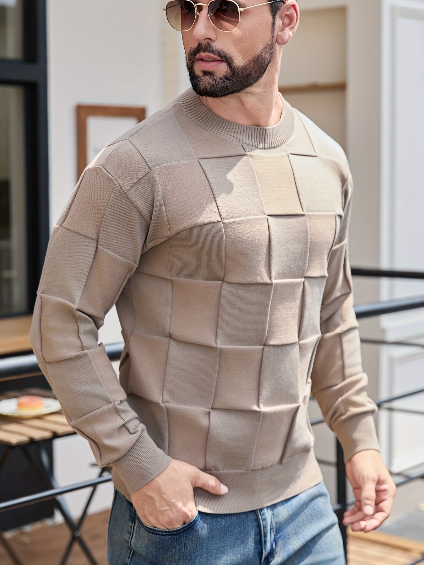 Տղամարդու կլոր վզնոցով, տեքստուրավորված երկրաչափական նախշերով, միագույն սվիտեր, աշնանային և ձմեռային նորաձև երկարաթև սվիտեր
