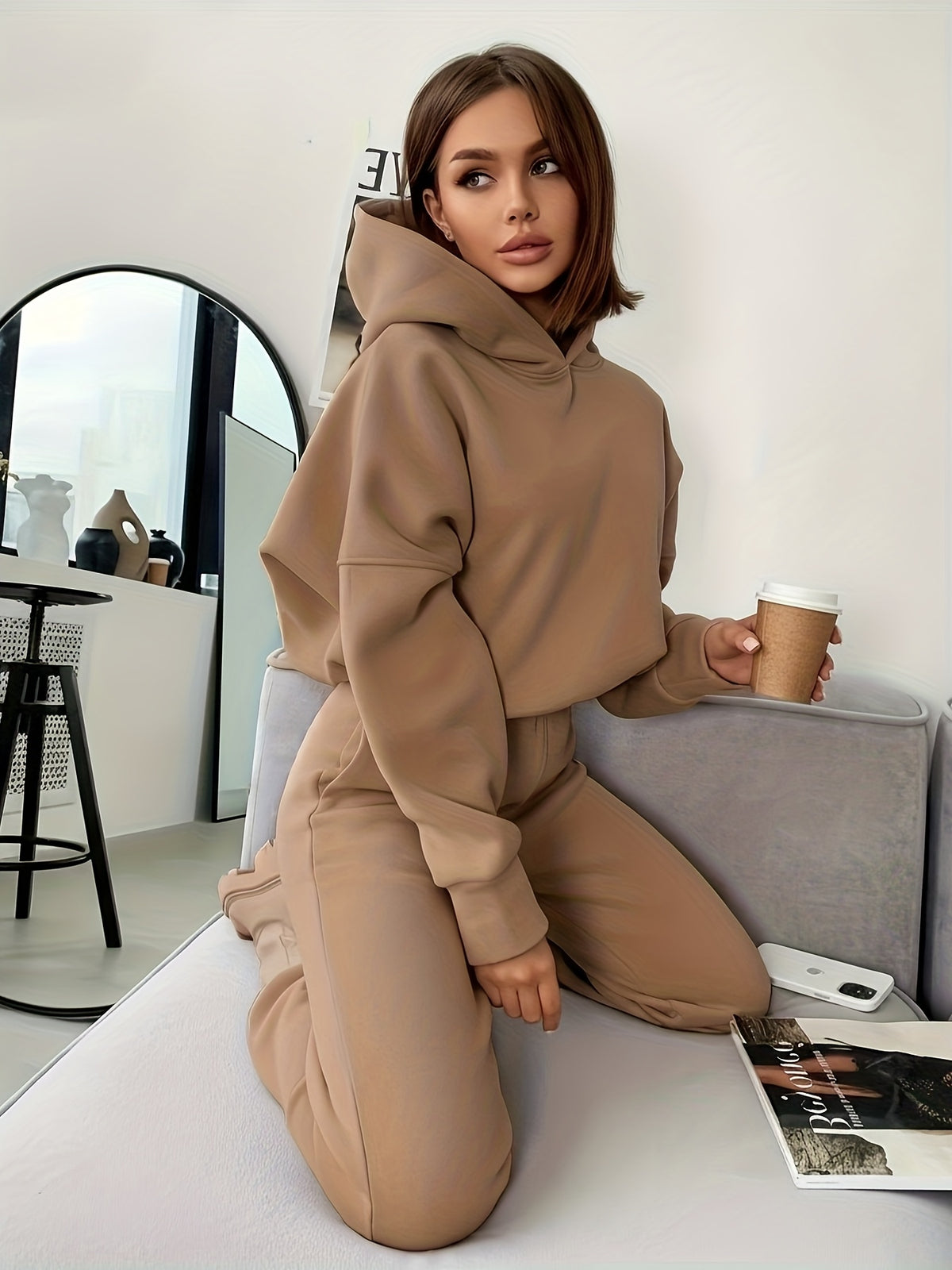 Women's Hooded Fleece-Lined Polyester Pant Set for Fall/Winter - ayq
