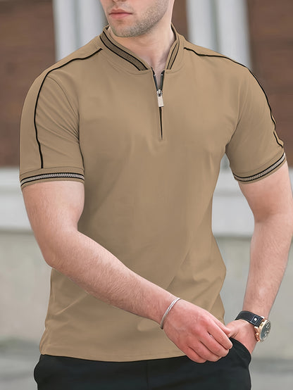 [T-Shirt] Men's Summer Casual Short Sleeve T-Shirt - Breathable Mesh Crew Neck Henley Style Zip Placket, Breathable Fabric, Dry Cleanable Regular Fit Outdoor & Casual Attire, Loose Style, Zip Front Design, Easy Care, Zip Shir - ayq