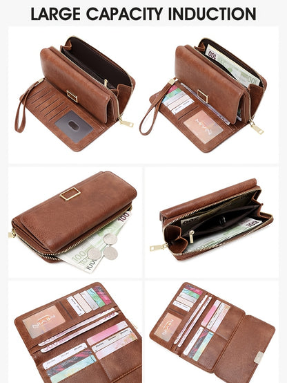 MIYIN Women's Vintage RFID Blocking Large Capacity Wallet with Wrist Strap - Tri-Fold  Handbag, Zipper Pocket & ID Slot, Multi-Card Holder (Credit/Debit) - Solid for Professional & Everyday Use