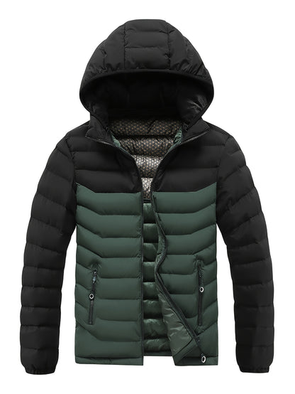 Men'S Winter Jacket with Detachable Hood - Black & Green Color Block, Zip-Up Casual Coat, Long Sleeve, Polyester Lining, Pockets, Regular Fit for Fall/Winter Outdoor Wear, Winter Coat, Fall Outerwear, Trendy Winter Jacket, Du