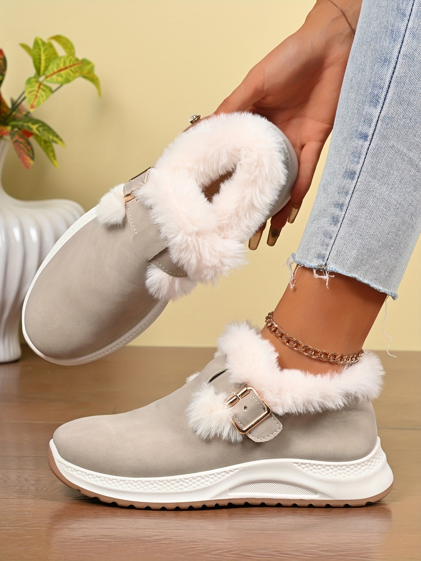 Women's Plush Winter Snow Boots with Faux Collar & - Slip-On/Lockable Ankle Strap, Cushioned PVC Sole - Grey/Lavender Synthetic - Warm Cozy Shoes for Ice, Snow, Indoor/Outdoor (Wide Widths Available) - Ideal, Winter Boots For