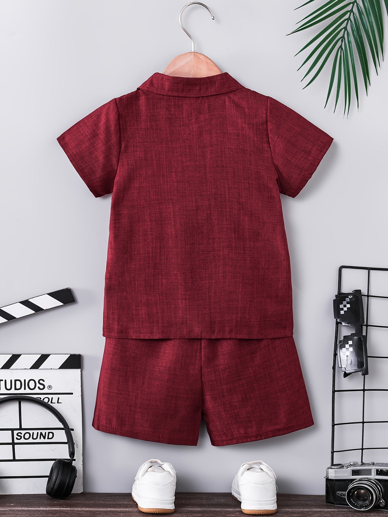 Boys' Summer Button-Up Shirt & Shorts Set - Casual Solid Color