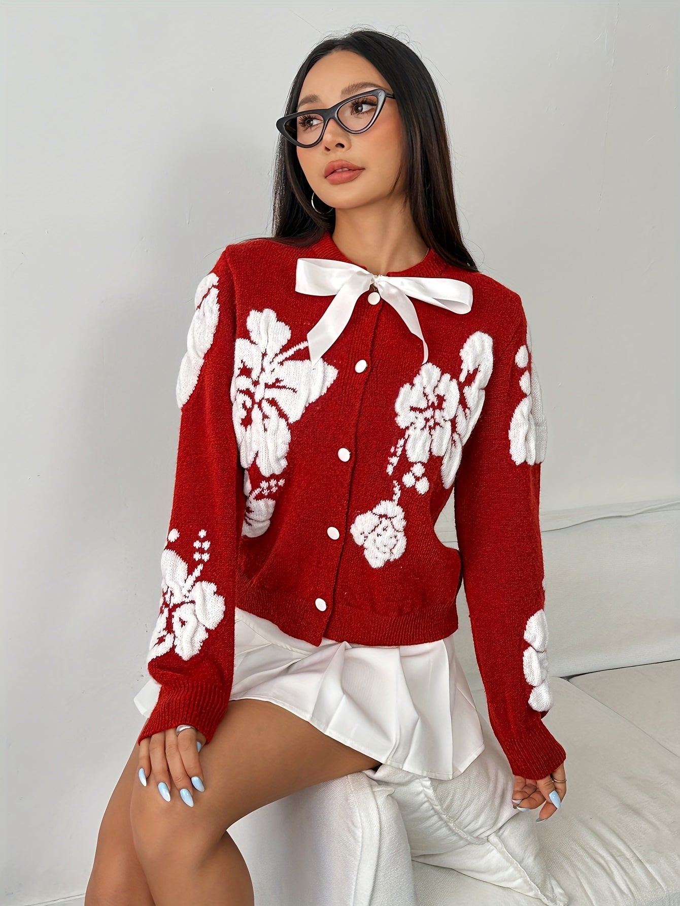 Women'S Red Sweater - Long Sleeve Button-Front Cardigan with Elegant Loose Fit, Round Neck Winter Sweater for Everyday & Formal Outfits, Non-Transparent Fall/Winter Sweater for Casual Formal Events, Winter Sweater, Seasonal F