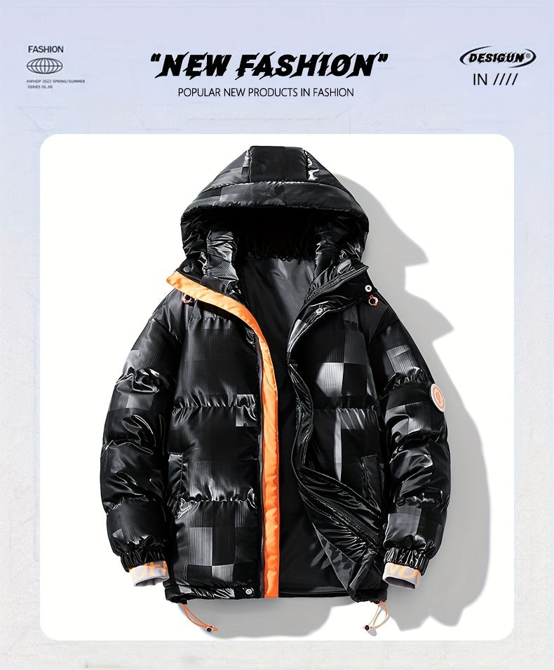 Men's Checkered Graphic Print Padded Outwear With Pockets, Casual Zip Up Long Sleeve Warm Hooded Outwear For Winter Outdoor Activities