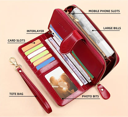 Two-Layer Cowhide Leather Clutch Wallet for Men & Women, Casual Large Capacity RFID Blocking Zippered Hand Purse with Transparent ID Slot and Anti-Theft Brush, Versatile for Going Out