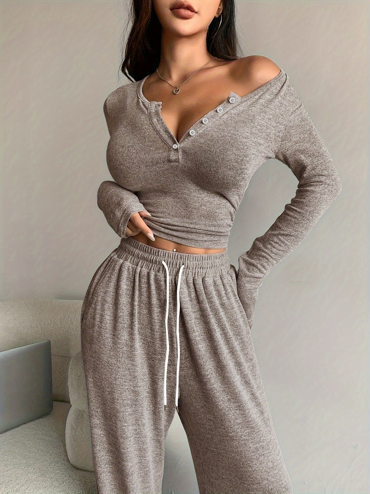 Elegant Fall/Winter Slim-Fit Cropped Top & Wide-Leg Pants Set - ayq