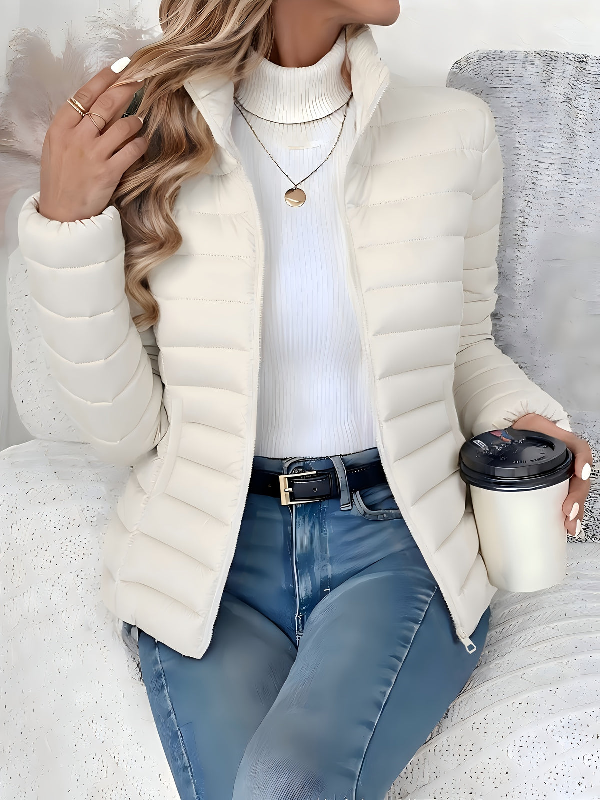 Women's Slim-Fit Quilted Polyester Jacket with High Neck