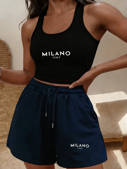 Women's Casual Sleeveless Crop Top & Drawstring Shorts Set