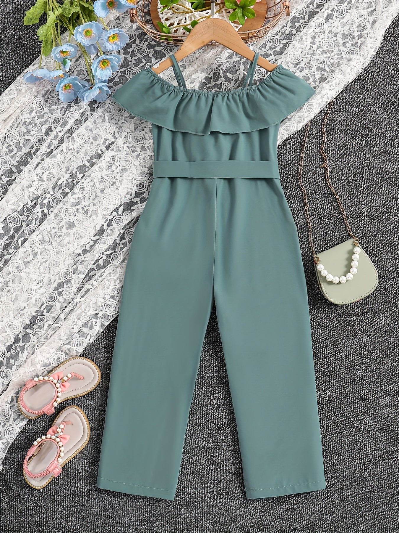 Girls Ruffle Cami Romper Belt Off Shoulder Նրբագեղ ամառային գարուն աշուն մանկական հագուստ
