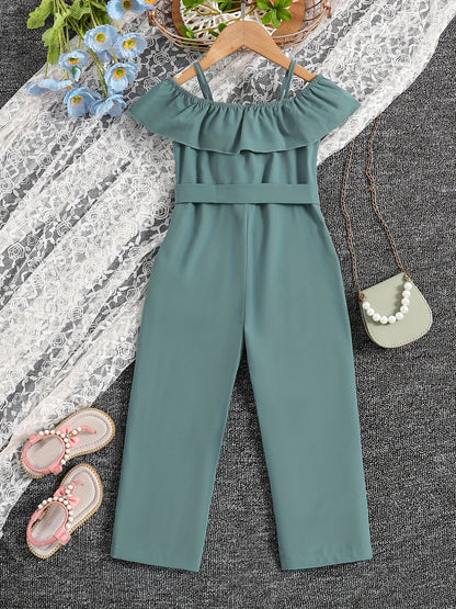 Girls Ruffle Cami Romper Belt Off Shoulder Նրբագեղ ամառային գարուն աշուն մանկական հագուստ
