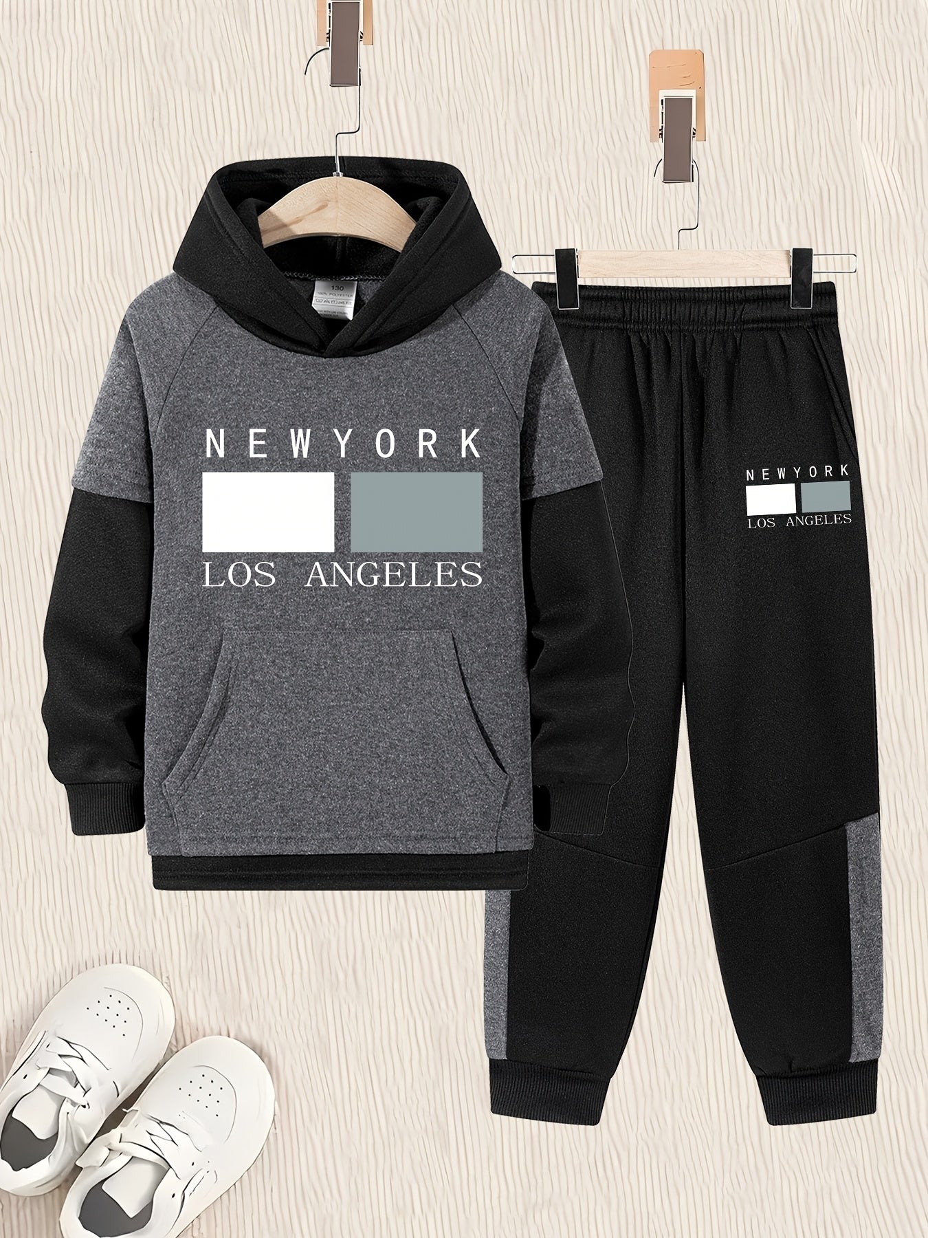 2pcs Boys' Oversized Hooded Sweatsuit & Jogger Pants Set with Letter Print - Beige & Brown Casual Winter Outfits, Thick Warm Fabric, Machine Washable, Pockets, Elastic Waist & Cuffed Hem for Play & Casual Attire - Ideal for L